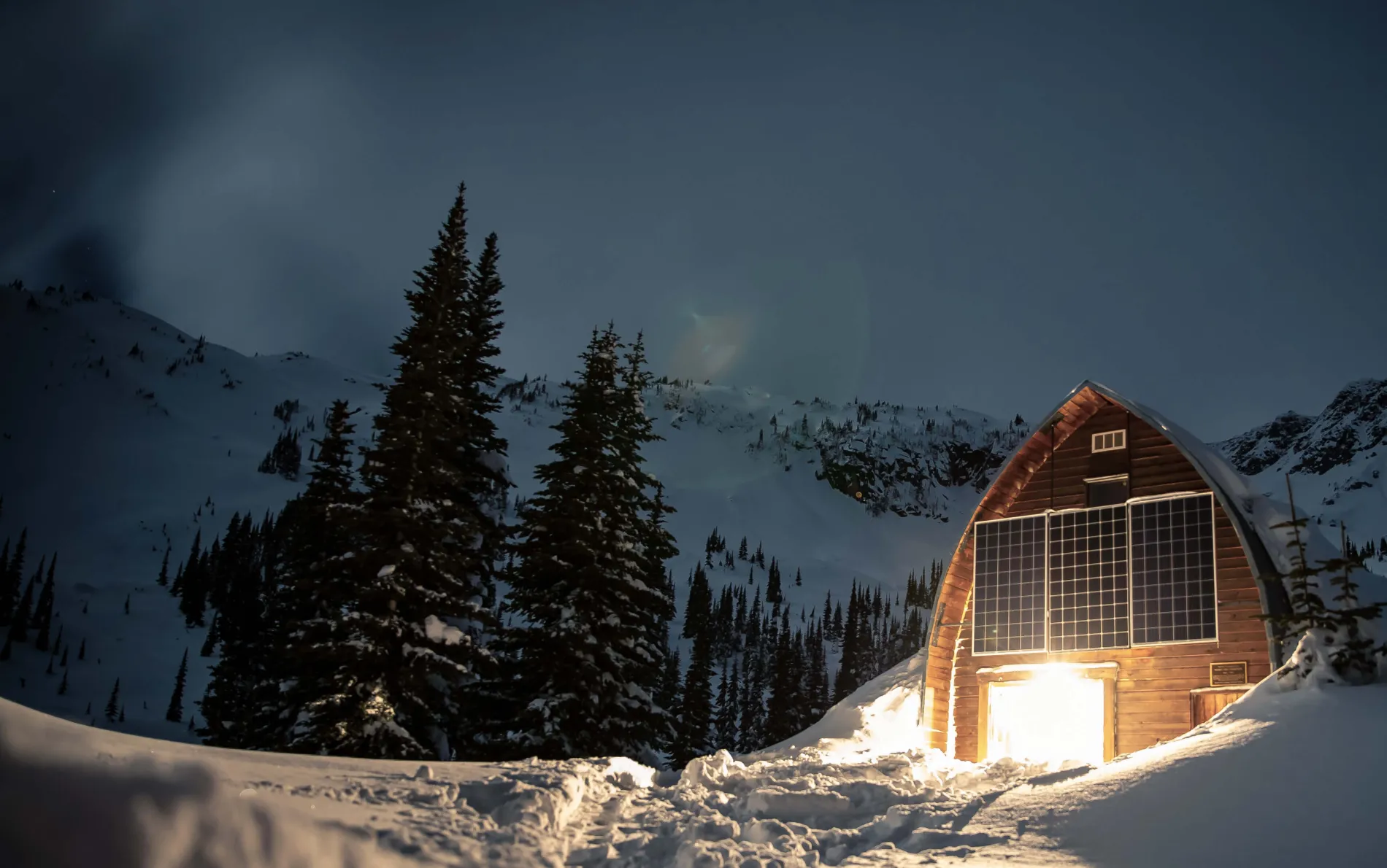 backcountry hut at night
